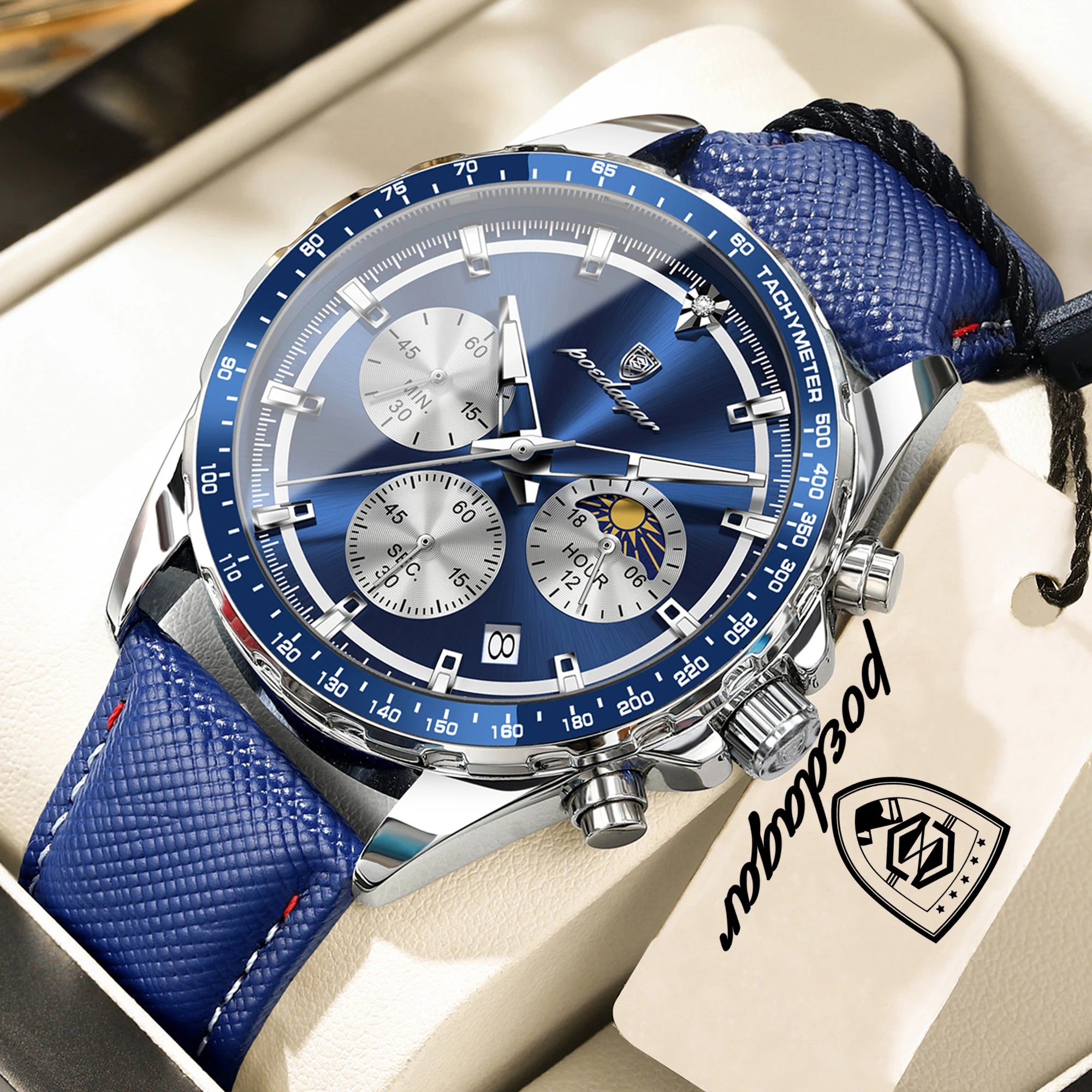 Leather Watch Chronograph Luminous Hands Date Waterproof 3ATM Sport Casual — Silver | KIMLUD