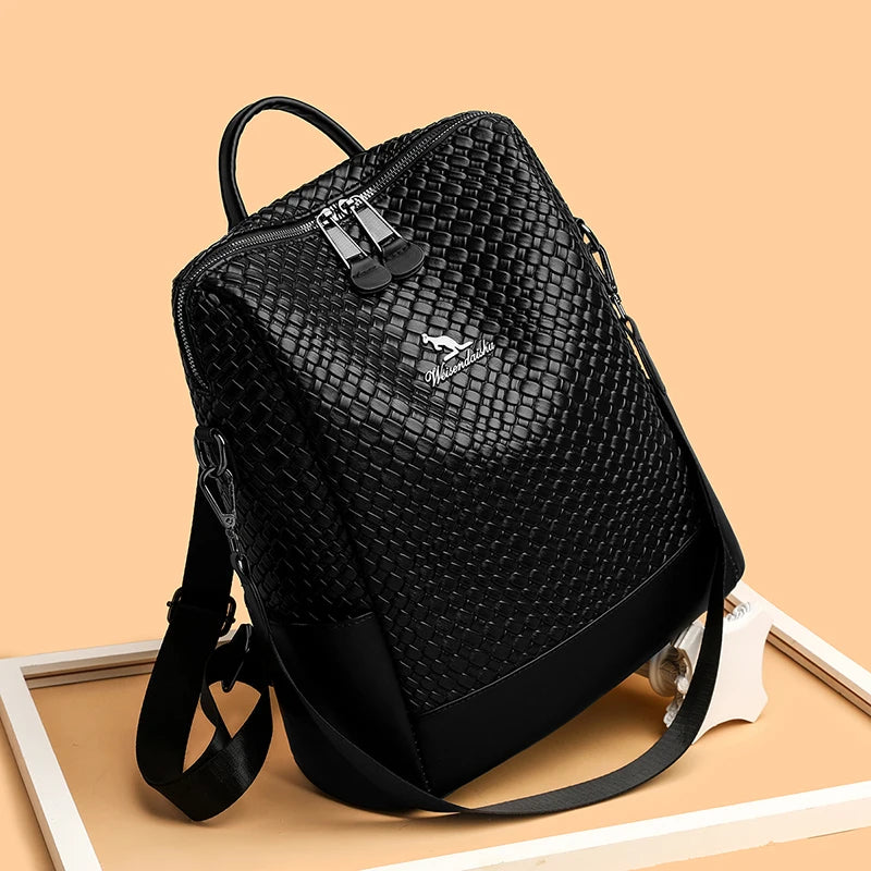 Leather Backpack Softback Large Capacity — Black | KIMLUD