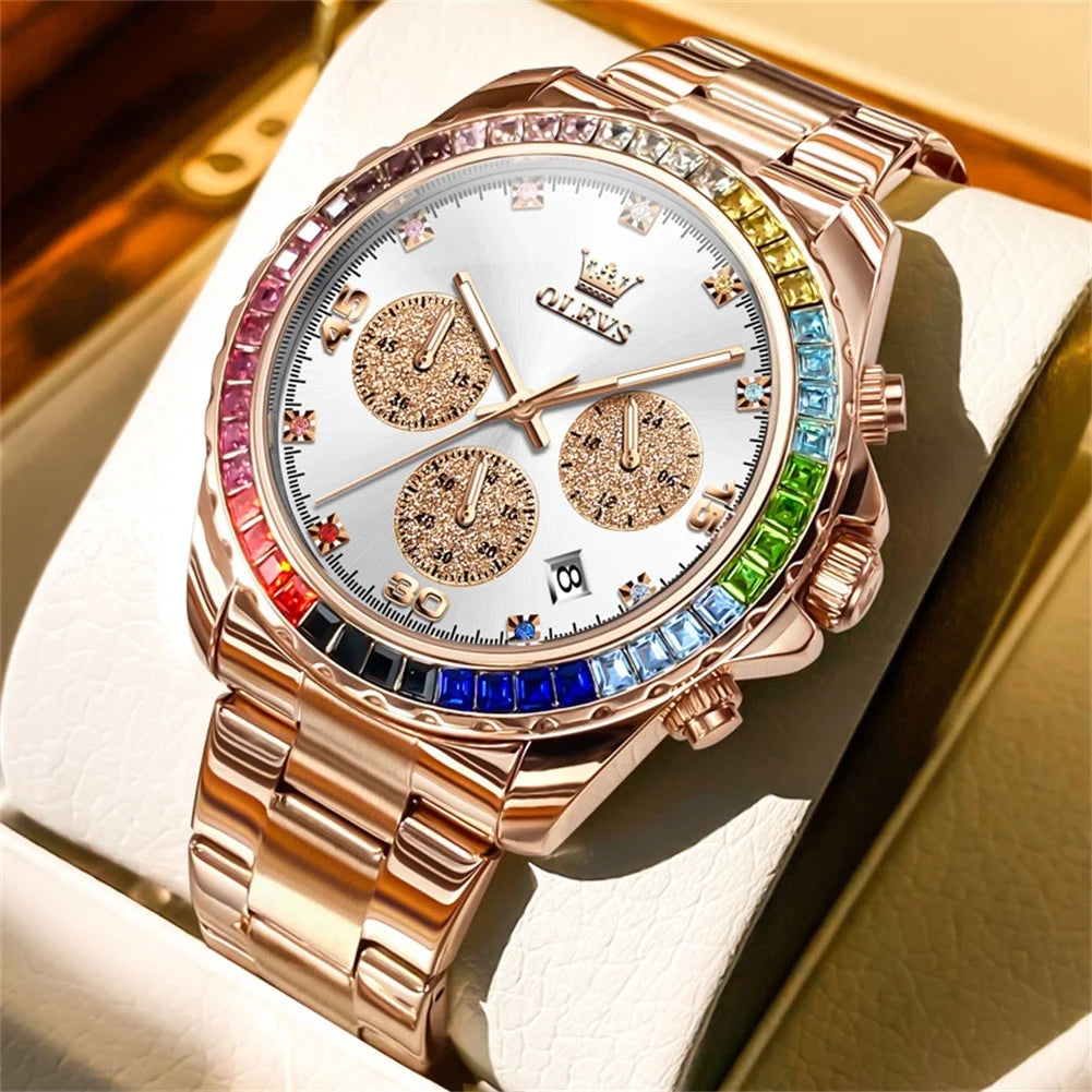 Stainless Steel Watch Rainbow Gemstone Bezel — Rose Gold | KIMLUD
