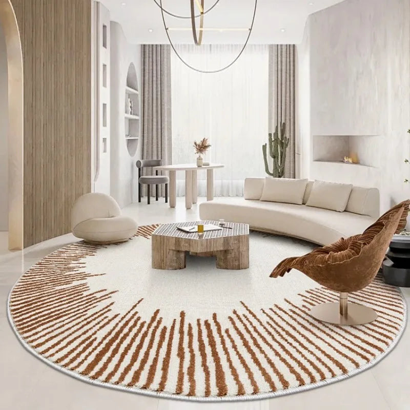 Fluffy/100% Polyester Round Rug with Stripe Wilton Design — White | KIMLUD