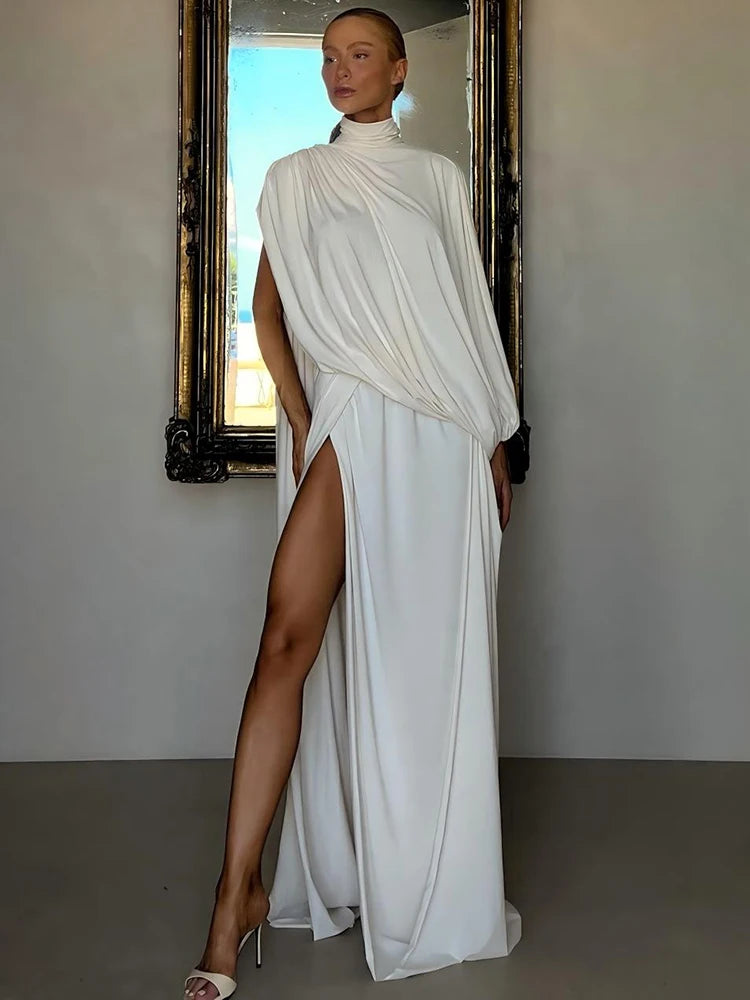 Kliou Women Elegant 2Piece Set Turtleneck Asymmetrical Hem One Sleeve Ruched Long Top+Elastic Waist Skirt Greek Style Outfits