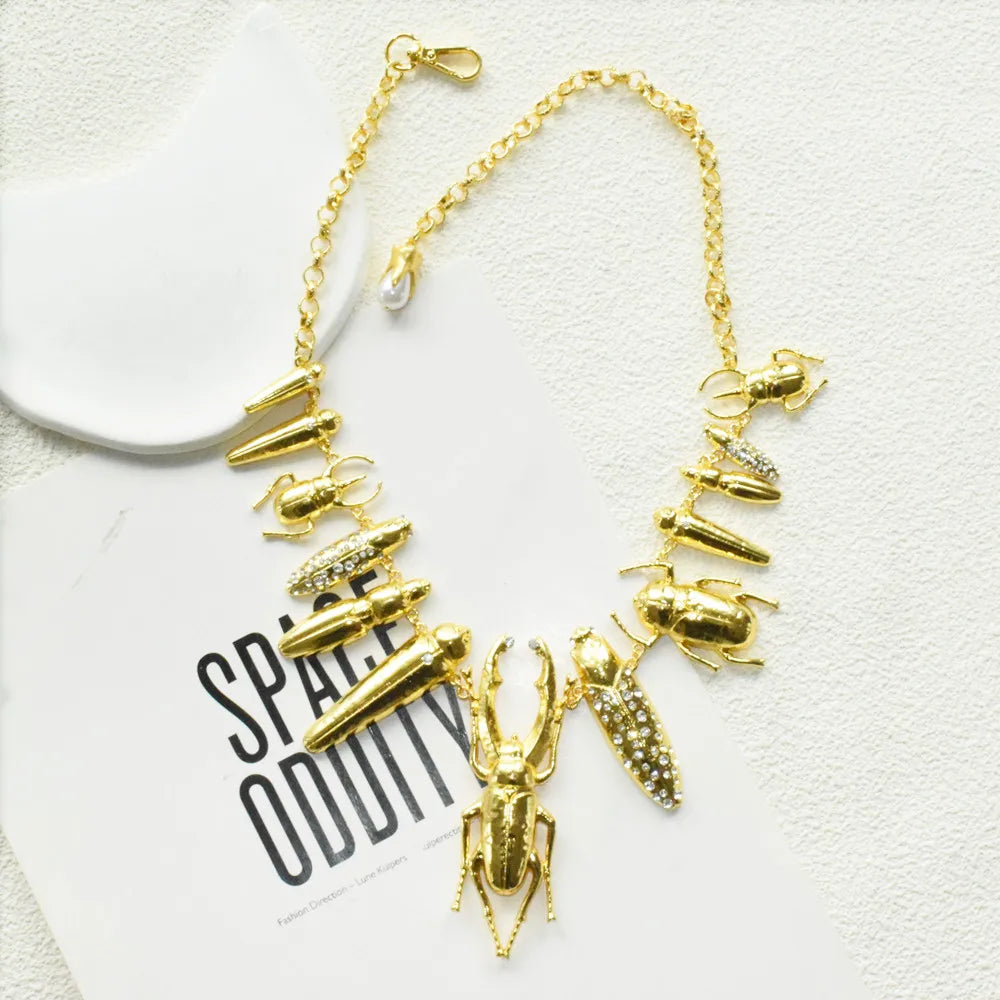 Gold-Plated Metal Alloy Chunky Necklace Multi Bug Charms — Gold | KIMLUD