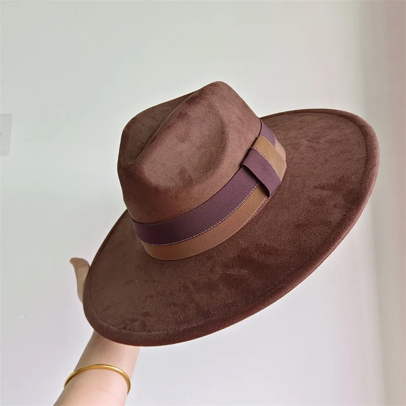 Suede Colorblock Wide-Brim Unisex Hat — Brown | KIMLUD