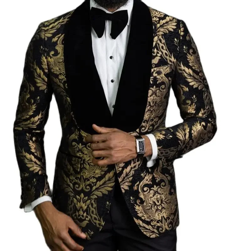 Jacquard Floral Tuxedo Suit Gold Florals — Navy Blue | KIMLUD
