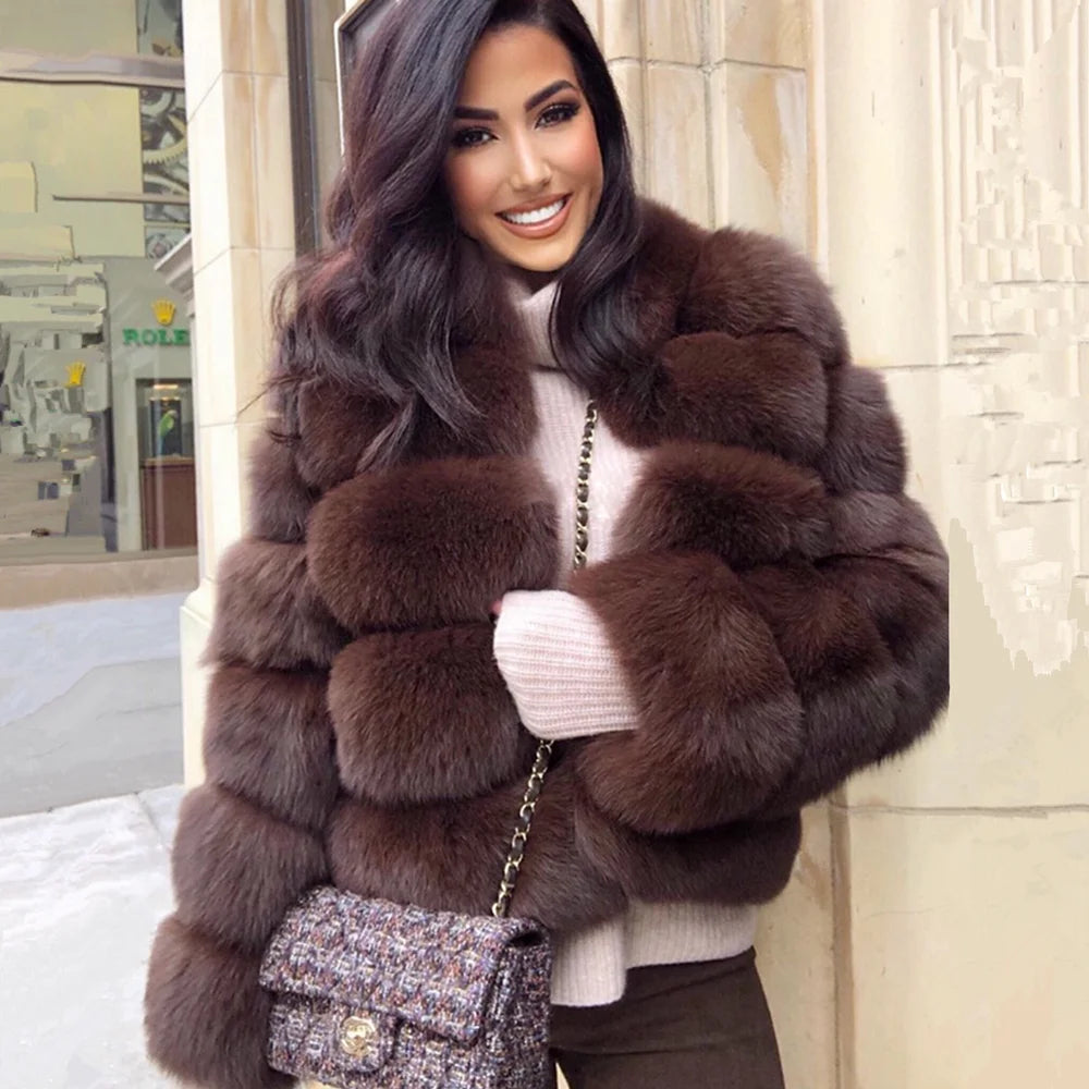 QUEENTINA Fox Fur Coat Real Winter New Outwears Women's Fashion Luxury Jacket High Quality Clothing Natural And Stand Collar