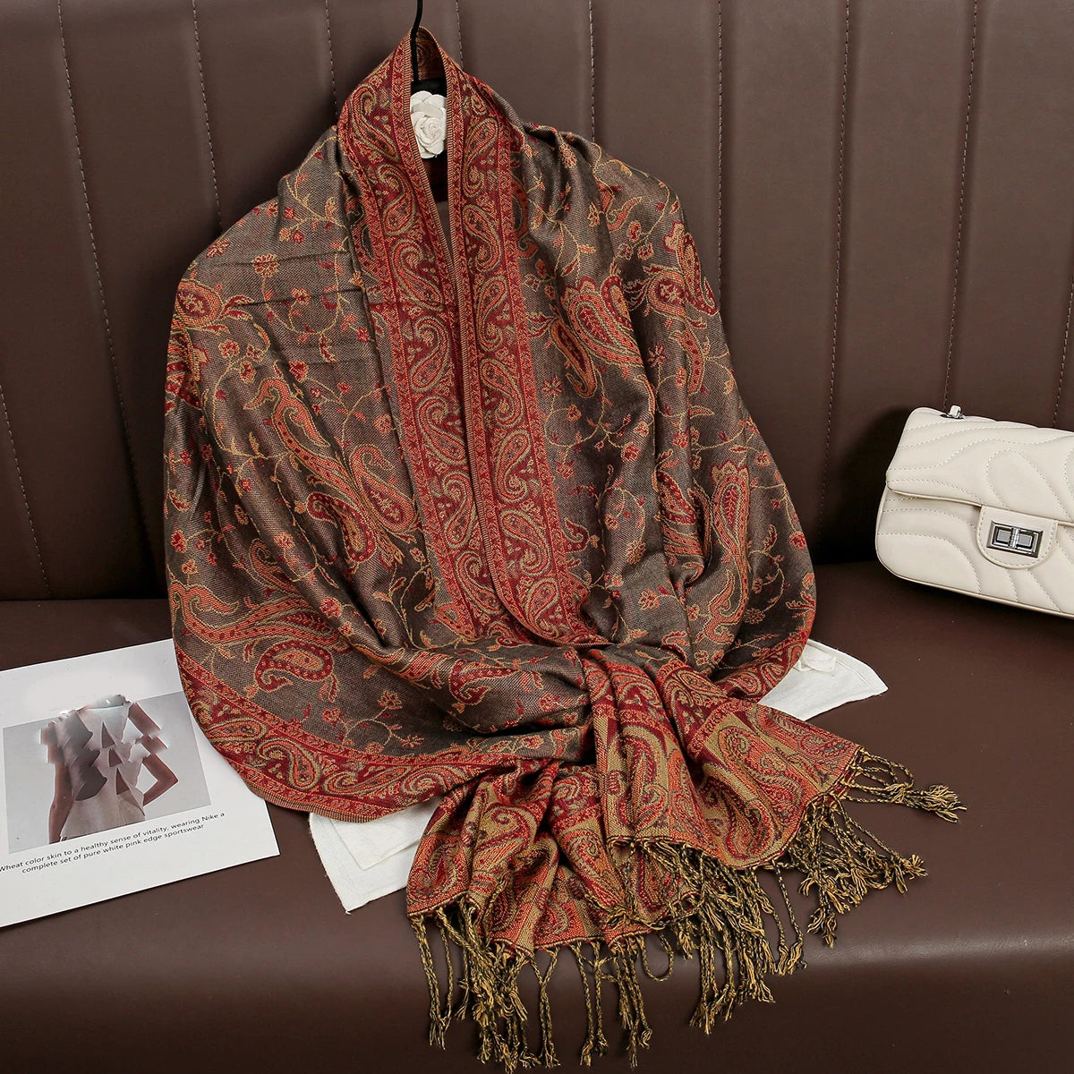 Cashmere Pashmina Shawl With Autumn Print Design, Olive Accents And Gold-Toned Fringe — Red | KIMLUD