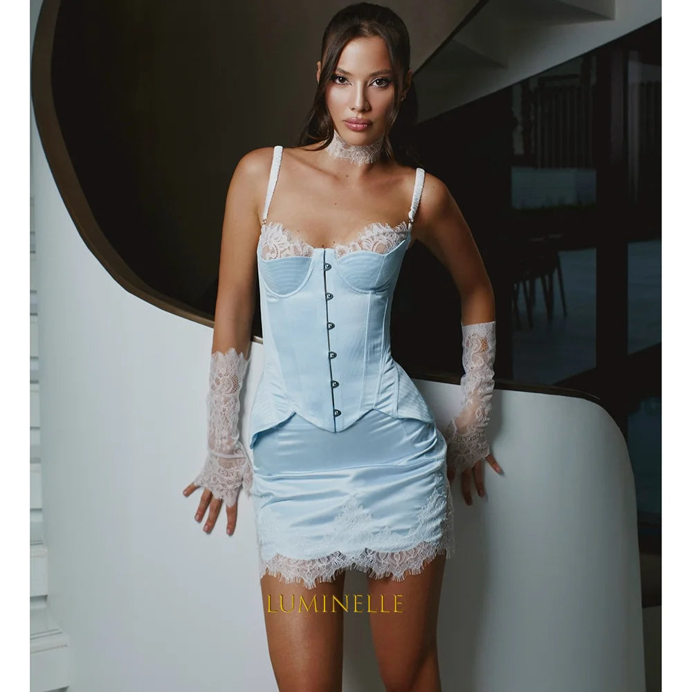 Short Satin Evening Dress – Spaghetti Strap Bodycon – Lace Corset | KIMLUD