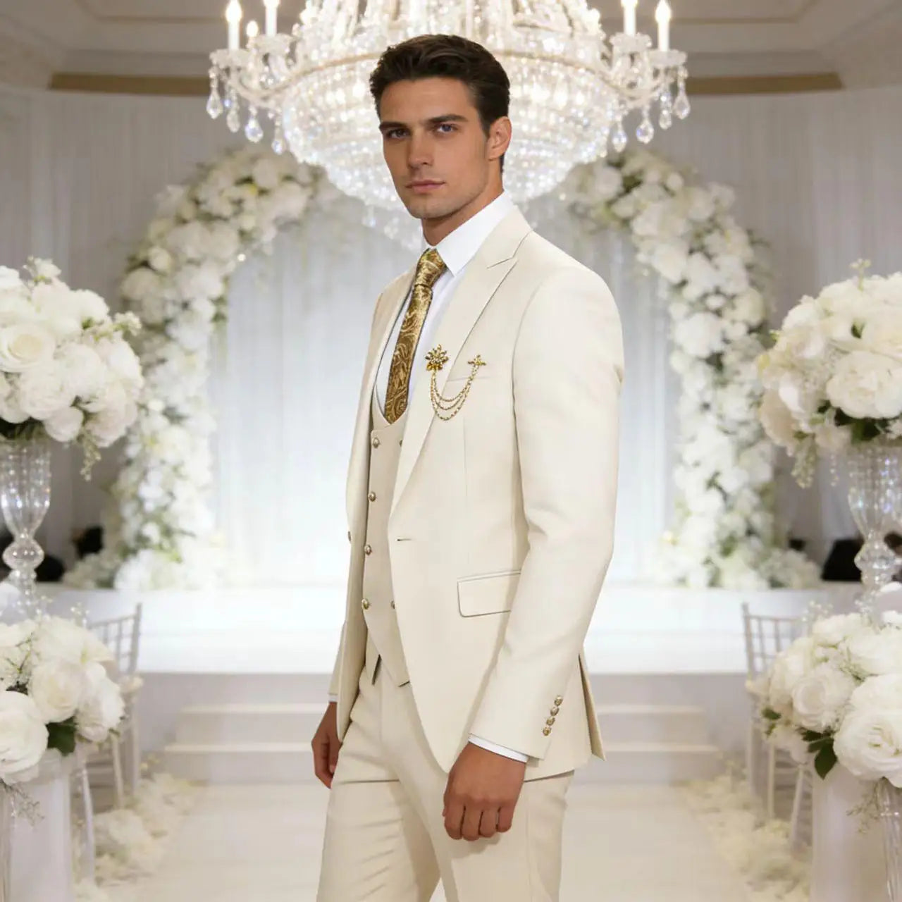 Men's 3-Piece Suit Set Classic One Gold Button Slim Fit Blazer Vest Pants Formal Business Wedding Wear