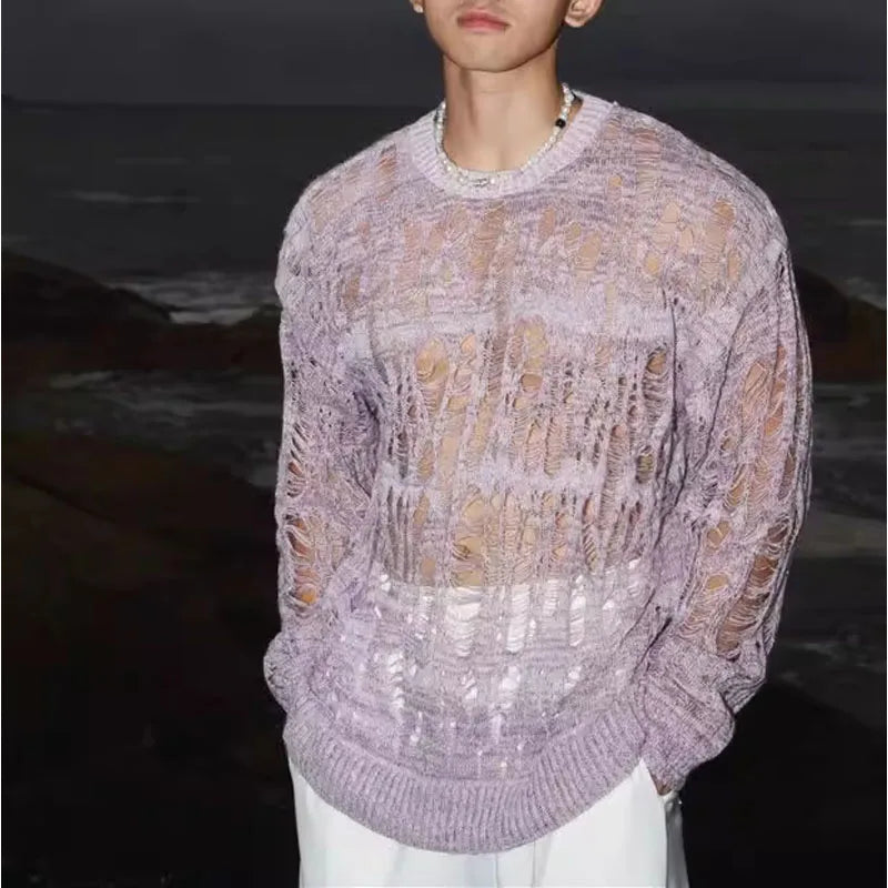 Mesh Knit Tee See-Through Crew-Neck — Black | KIMLUD
