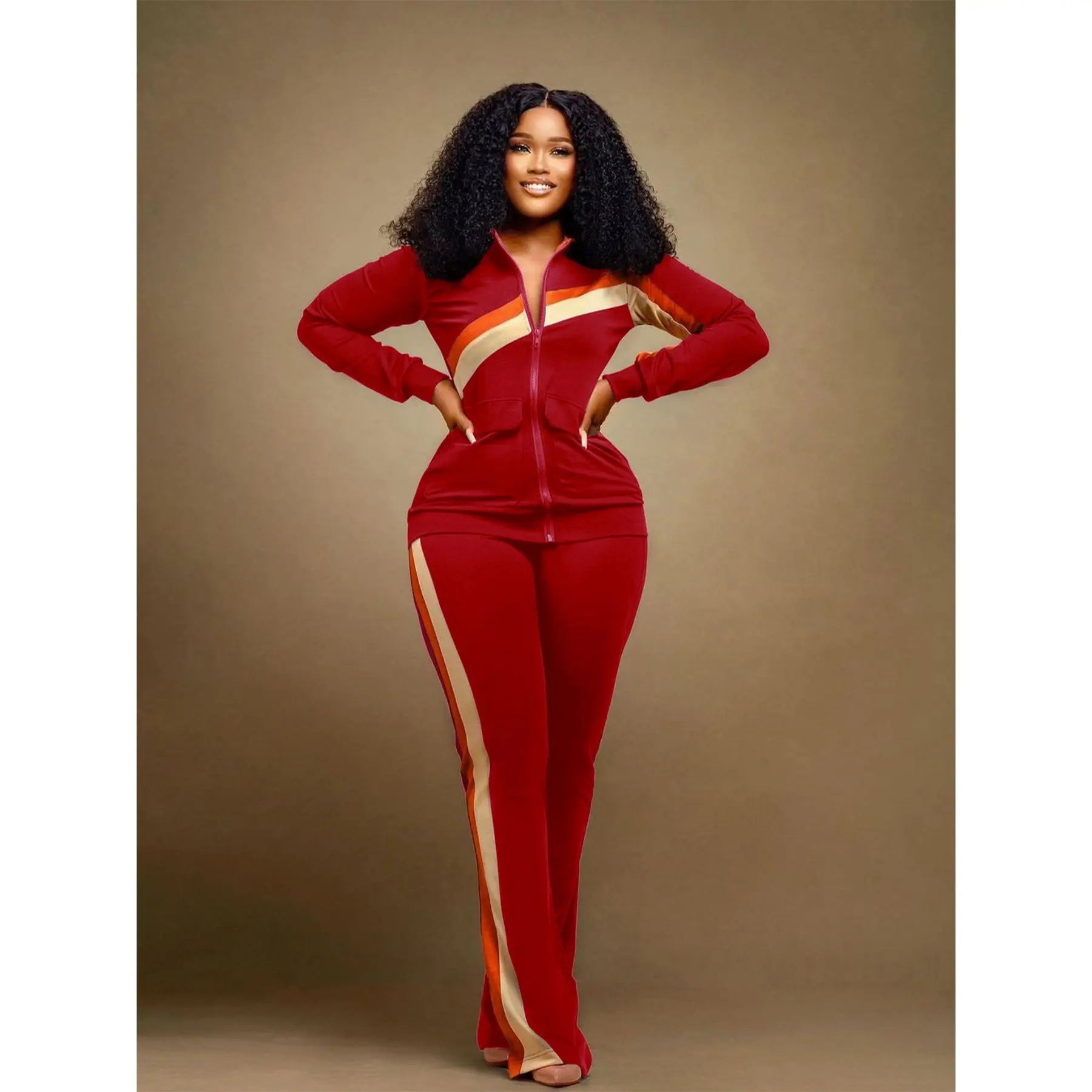 Casual Spor Women's Faion Set TW52 Long Sve Polyester Pants Striped Patchwork Independent Station Cross-Border