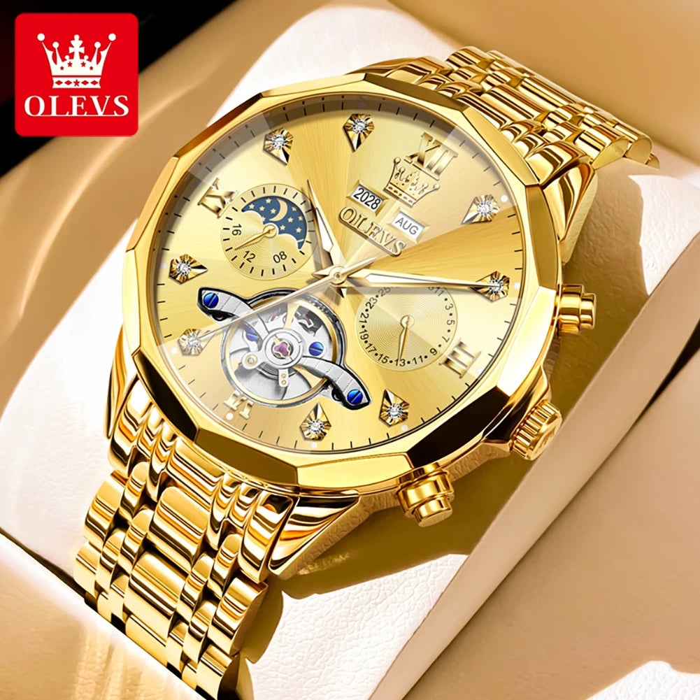 OLEVS Original Brand Men's Watches Skeleton Luminous Moon Phase Automatic Mechanical Watch Prism Mirror Fashion Top Wristwatch