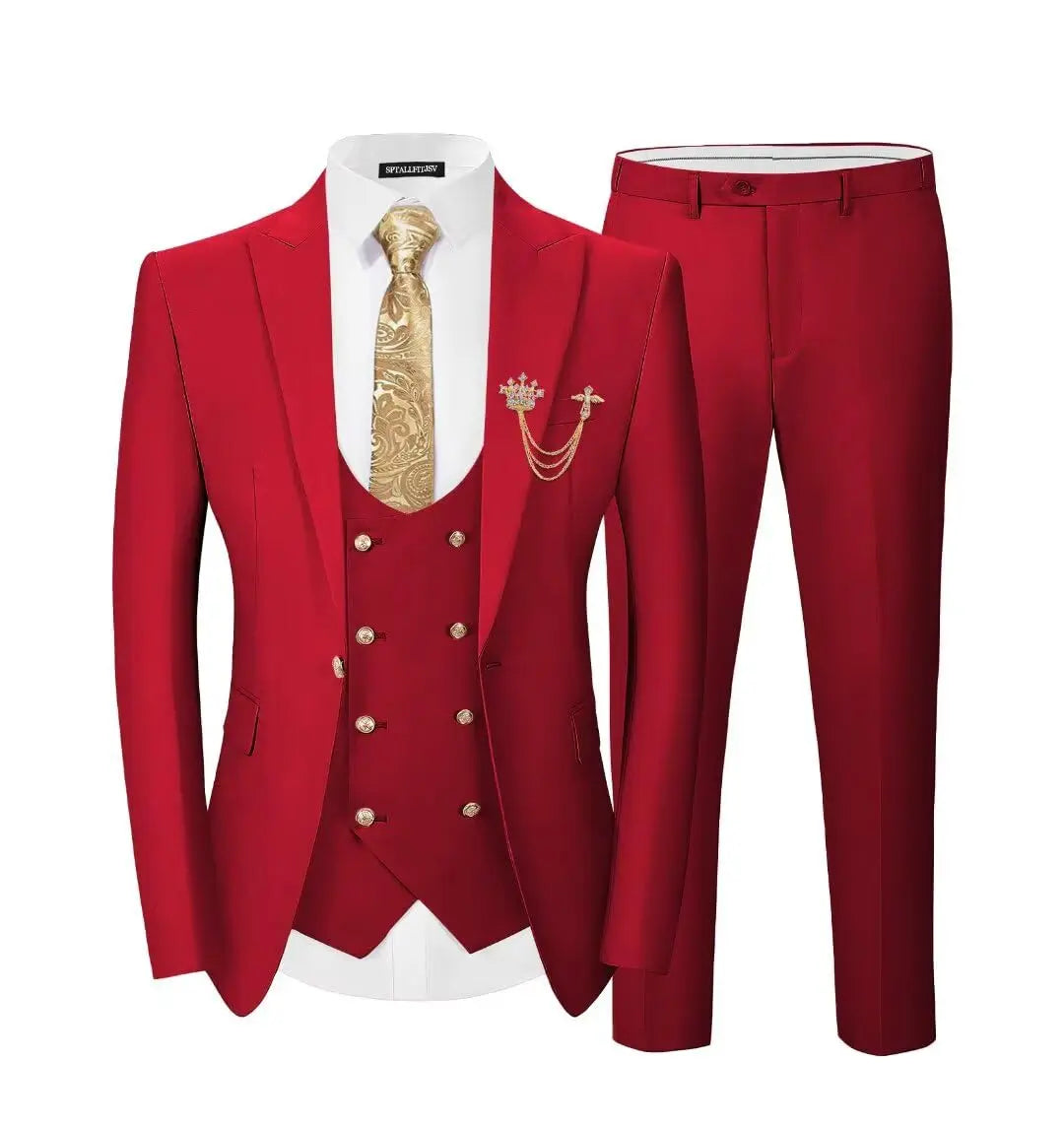 Men's 3-Piece Suit Set Classic One Gold Button Slim Fit Blazer Vest Pants Formal Business Wedding Wear