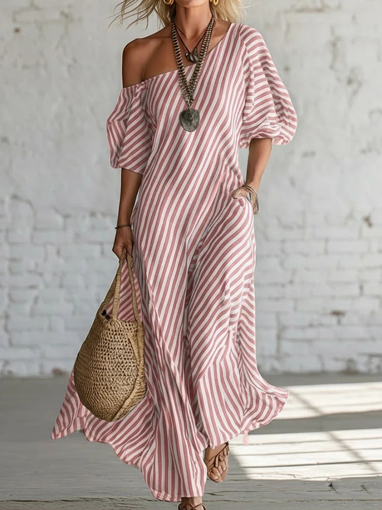 Polyester Patchwork Striped Maxi Dress — Black | KIMLUD