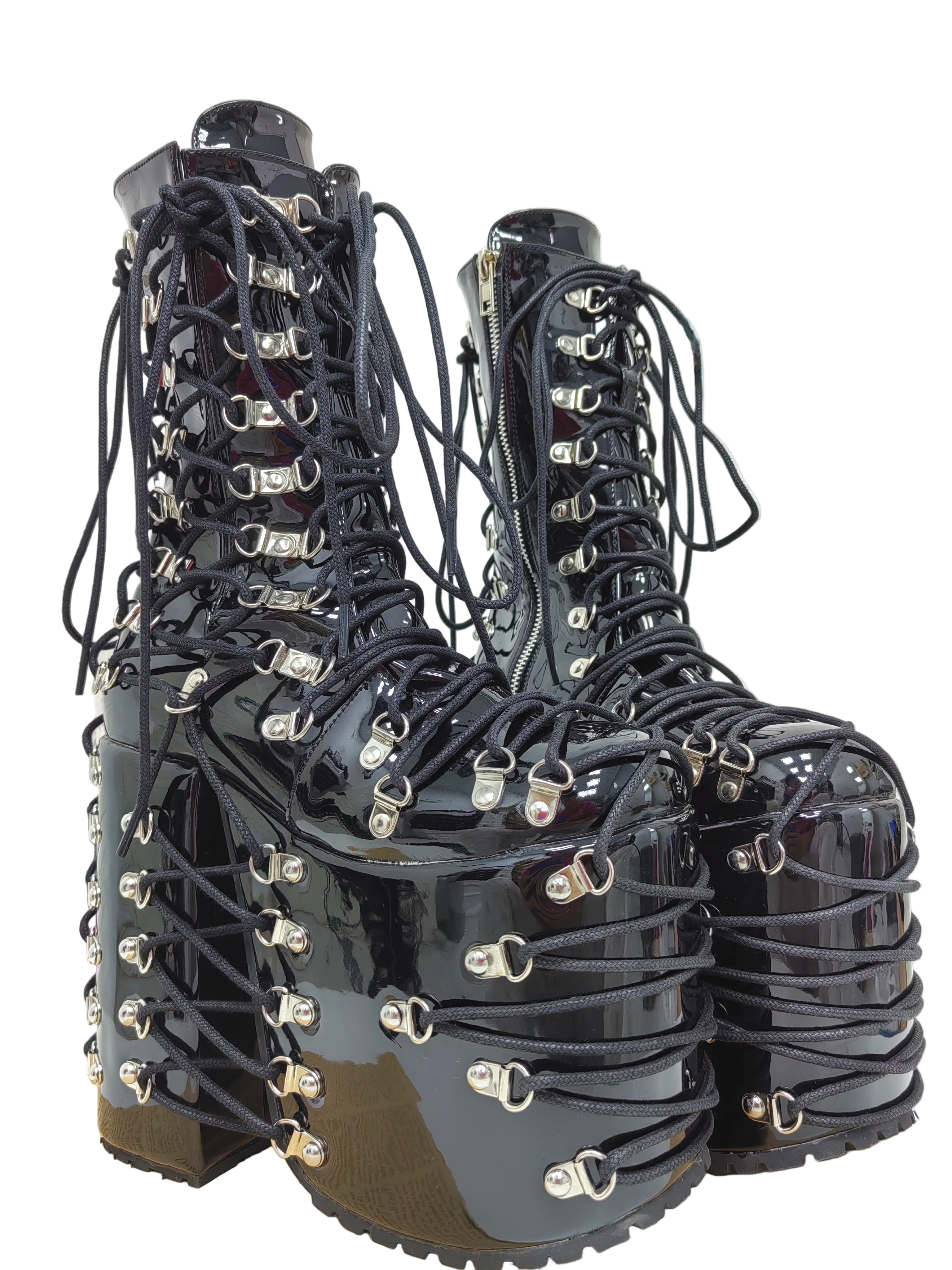 Women Wasteland thick sole punk black laser long Boots girl high wedges Heels pumps Lady party customized shoes buckles 33-50