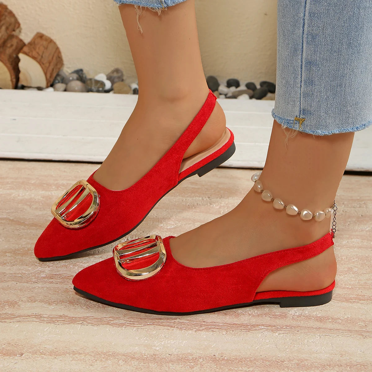 Flat Shoes – Pointed Toe – Metal Accents – Back Strap Buckle | KIMLUD