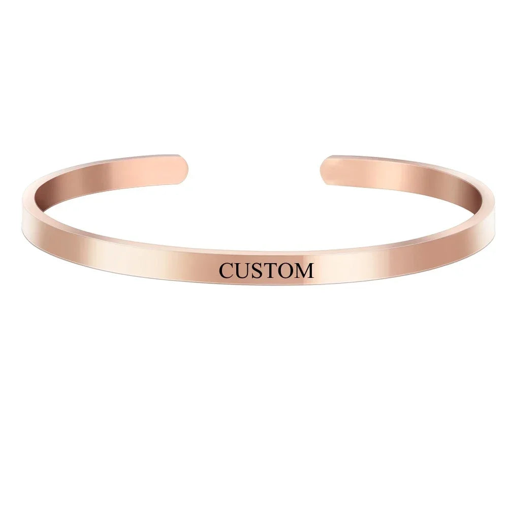Stainless Steel Engraved Name Text Heart Cuff — Silver | KIMLUD