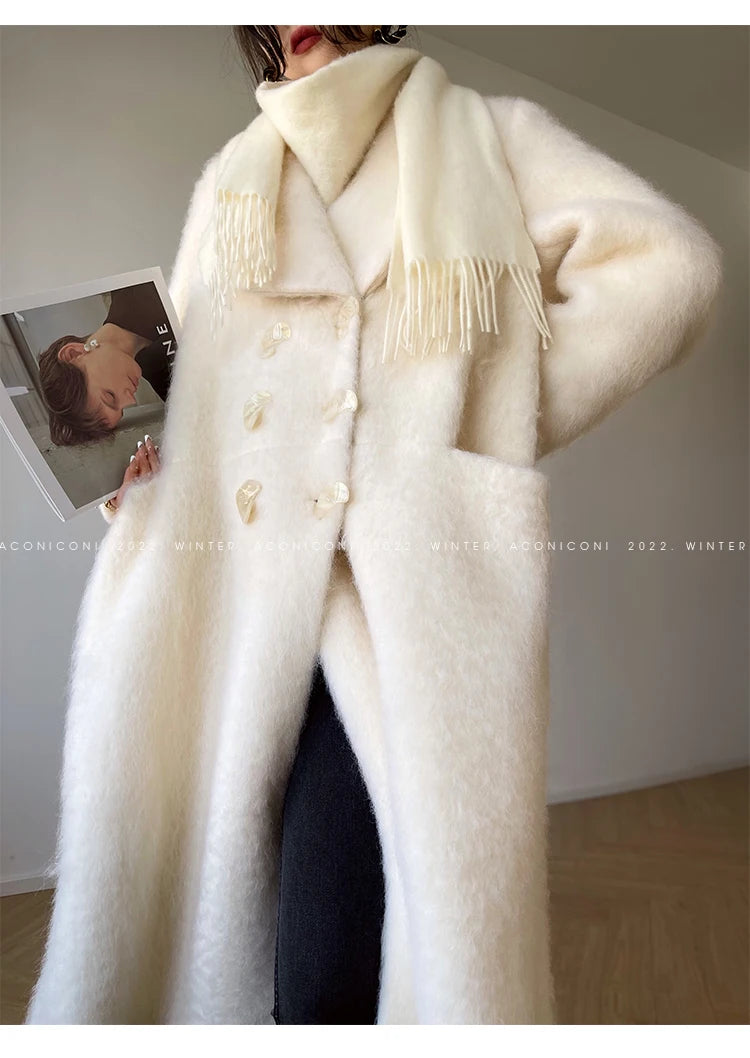 Coat – Double Breasted Long – Wool Blends – White | KIMLUD