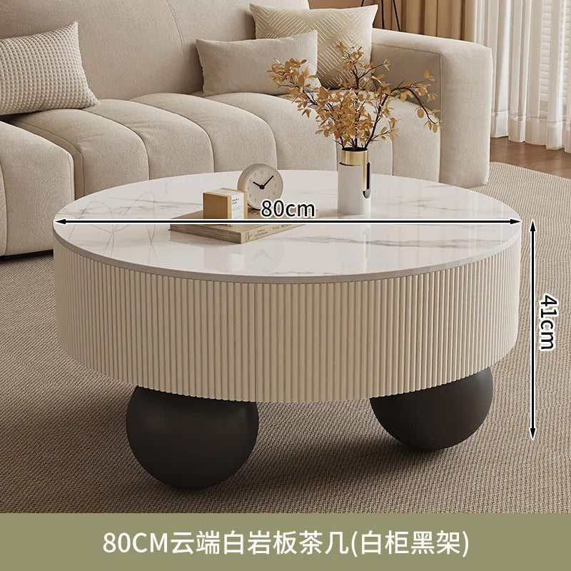 Minimalist Round Coffee Table With Storage Drawers — Ivory White | KIMLUD