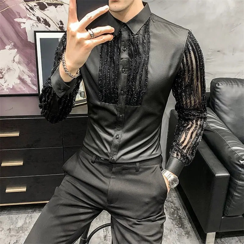 Cotton-Poly Harajuku Patchwork Shirt Long Sleeve Lace — Black | KIMLUD