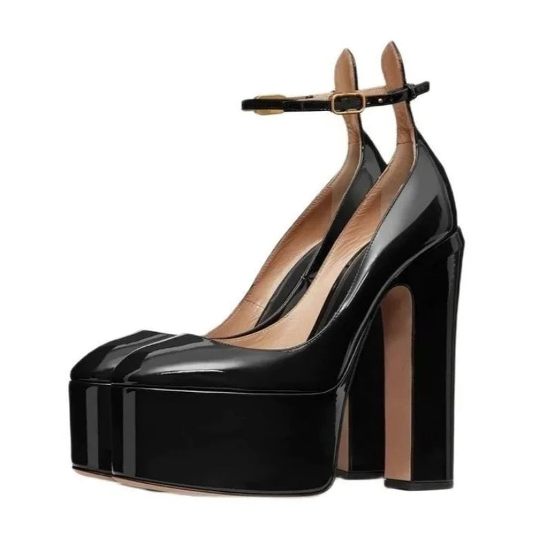 Patent Leather Platform Sandals Round Toe Ankle Buckle — Black | KIMLUD