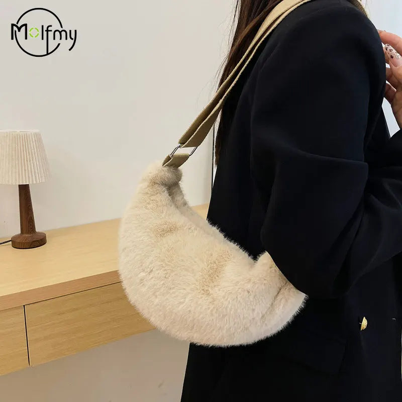 Soft Plush Shoulder Underarm Bags Fluffy Solid Color Bags Purse Autumn Winter Handbag Women Lady Fashion Storage Pouch 2025 New