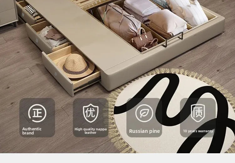 Modern Minimalism Genuine Napa Leather Bed With Built-In Storage Drawers — Beige | KIMLUD