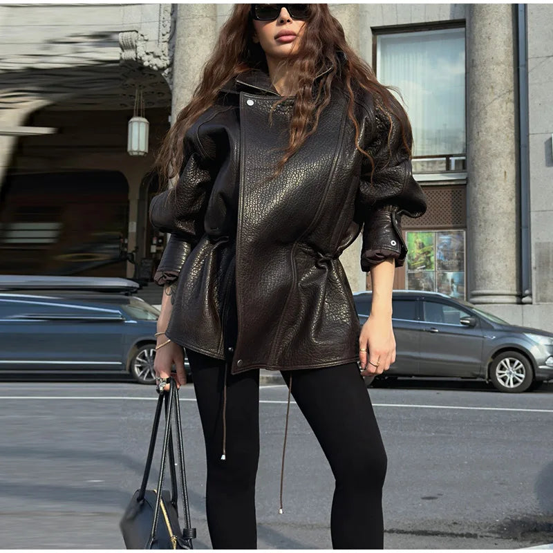 Chic Textured Leather Jacket Women Urban Lapel Drawstring Asymmetrical Loose Full Sleeve Jackets Female 2025 Edgy Lady Coats New