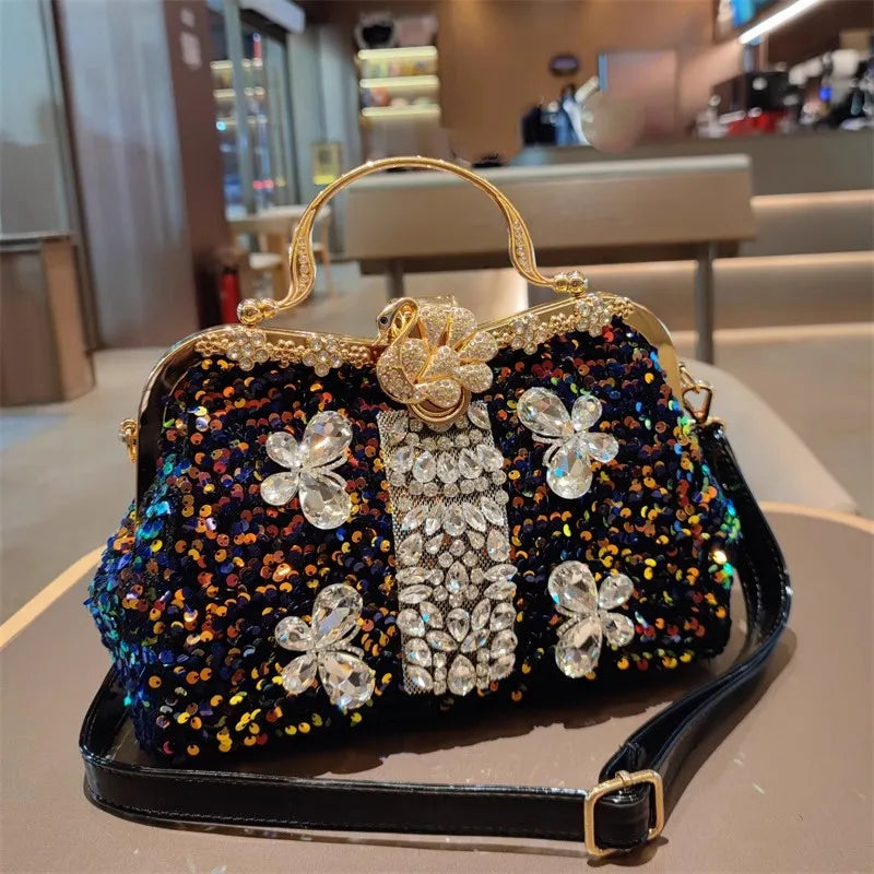 Leather Crystal Sequin Buckle Handbag — Black | KIMLUD