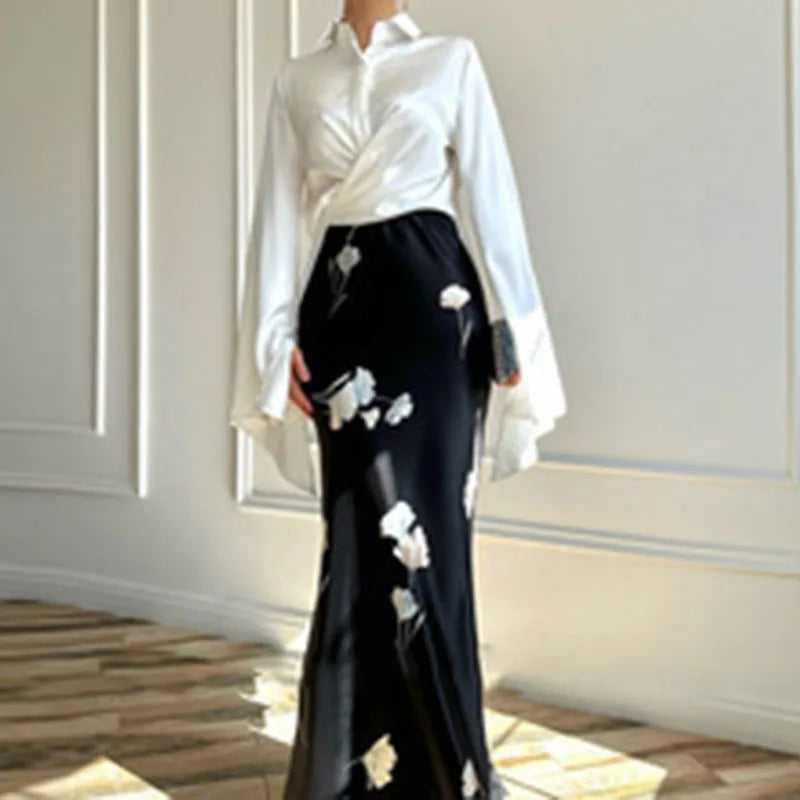 Blouse Skirt Set – Lace Up Lapel – Blended Fabric | KIMLUD