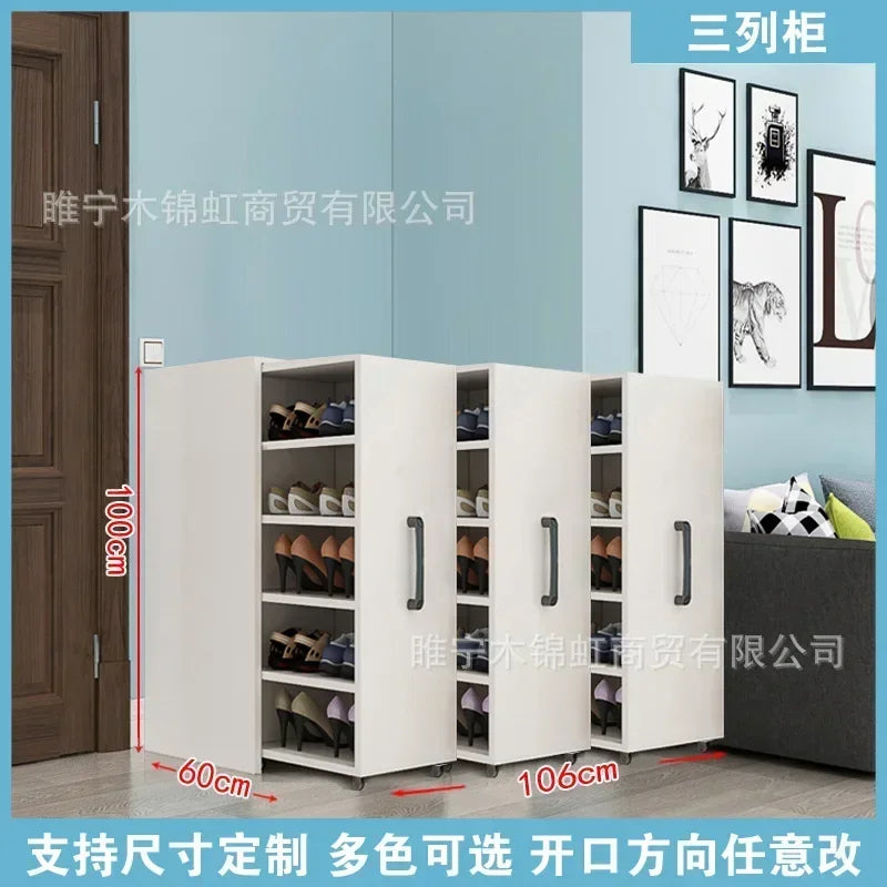Sliding dustproof shoe cabinet, large capacity wheeled side pull shoe rack storage drawer type seam storage cabinet at home entr