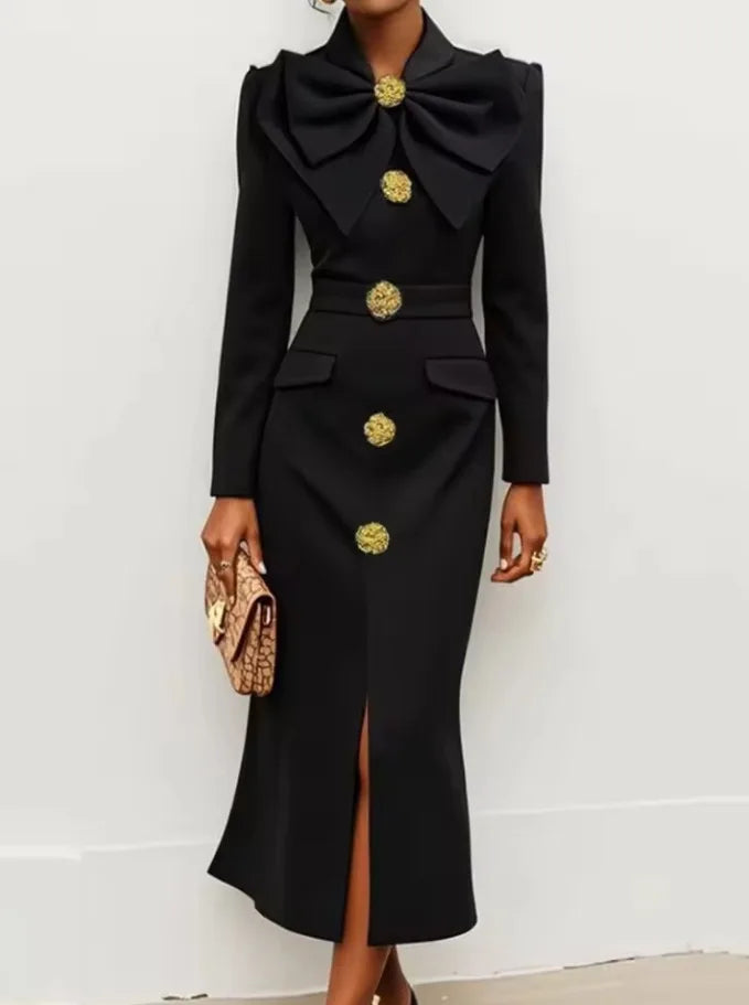 Evening Dress – Bow Tie Buttoned Long Sleeve – Polyester Slim Black | KIMLUD
