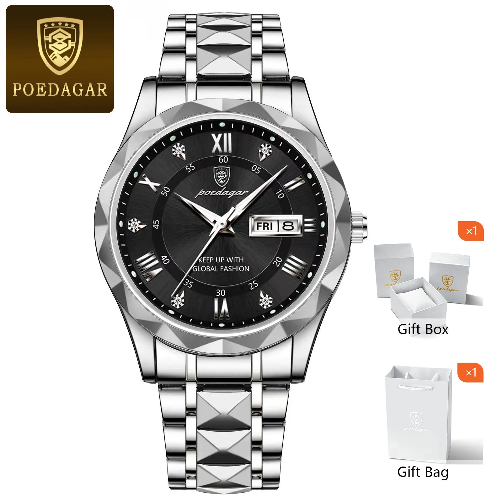 POEDAGAR Luxury Men's Watches Waterproof Luminous Date Week Watch For Man Stainless Steel Quartz Casual Men Wristwatch+Box Gift
