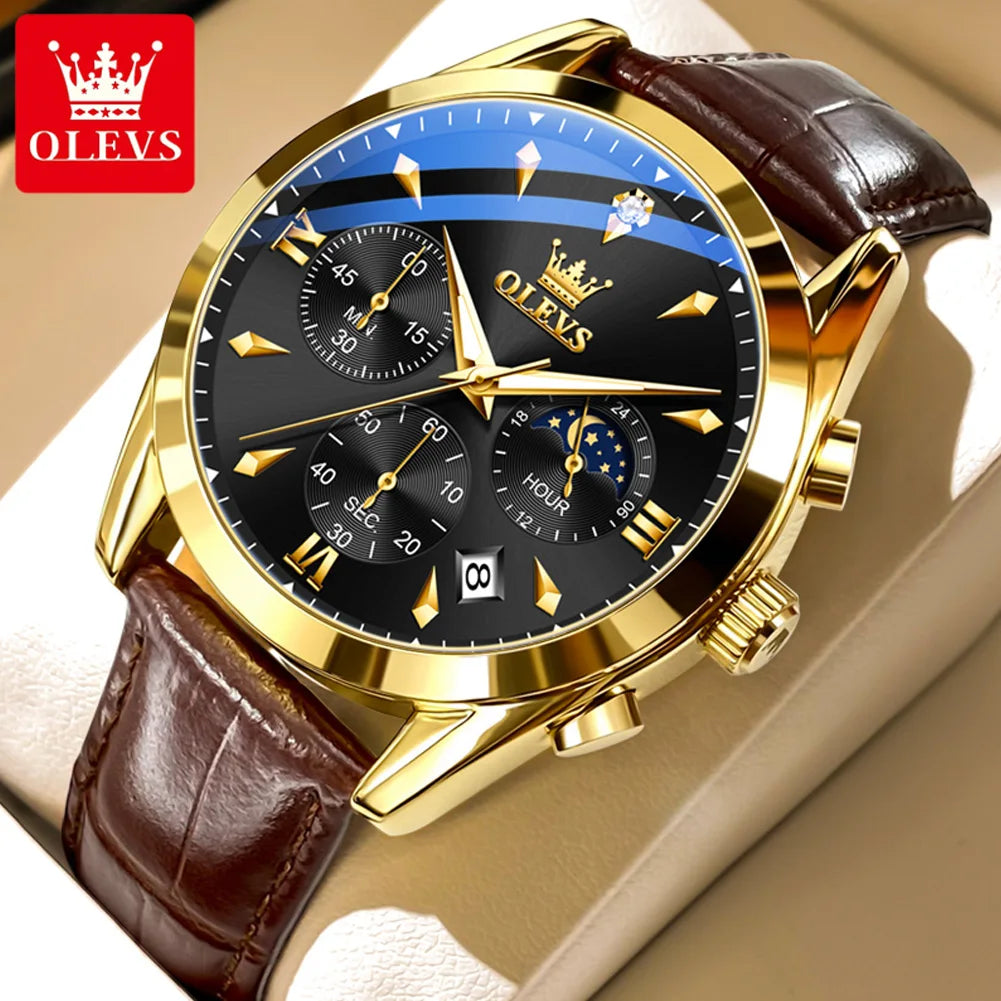 OLEVS Luxury Men's Watches Leather Strap Waterproof Luminous Chronograph Moon Phase Man Watch Top Original Quartz Watch for Men