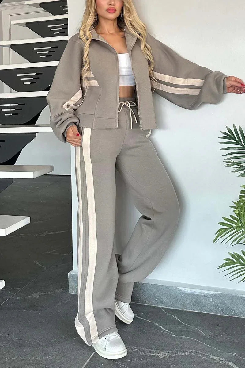 Laminated Striped Two-Piece Tracksuit Set — White | KIMLUD
