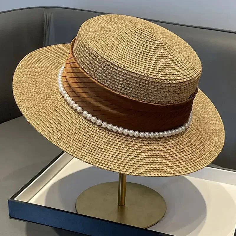 Straw Flat Sun Hat Pearl Chain — Natural Beige | KIMLUD