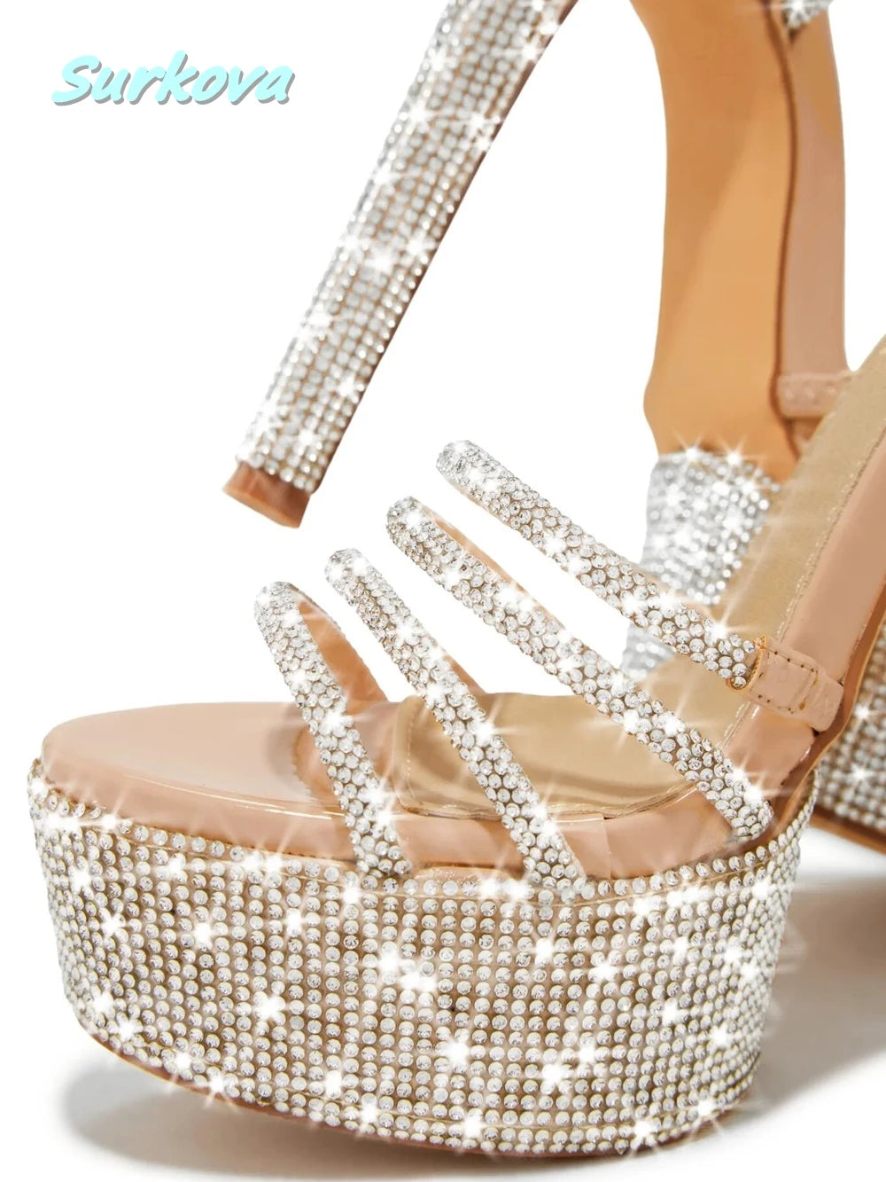 Sparkling Rhinestone Platform Sandals Summer Round Open Toe Thin High Heels Fashion Strappy Stilettos Lace-up Women's Shoes