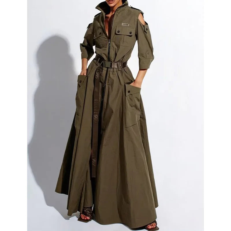 Chic Solid Maxi Shirt Dress Casual Turndown Neck Half Sleeve Zipper Belt Pockets Long Dress Ladies Streetwear Women Clothes