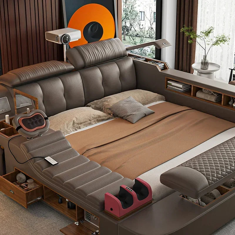 Genuine Leather Bed With Massager — Deep Charcoal Black | KIMLUD
