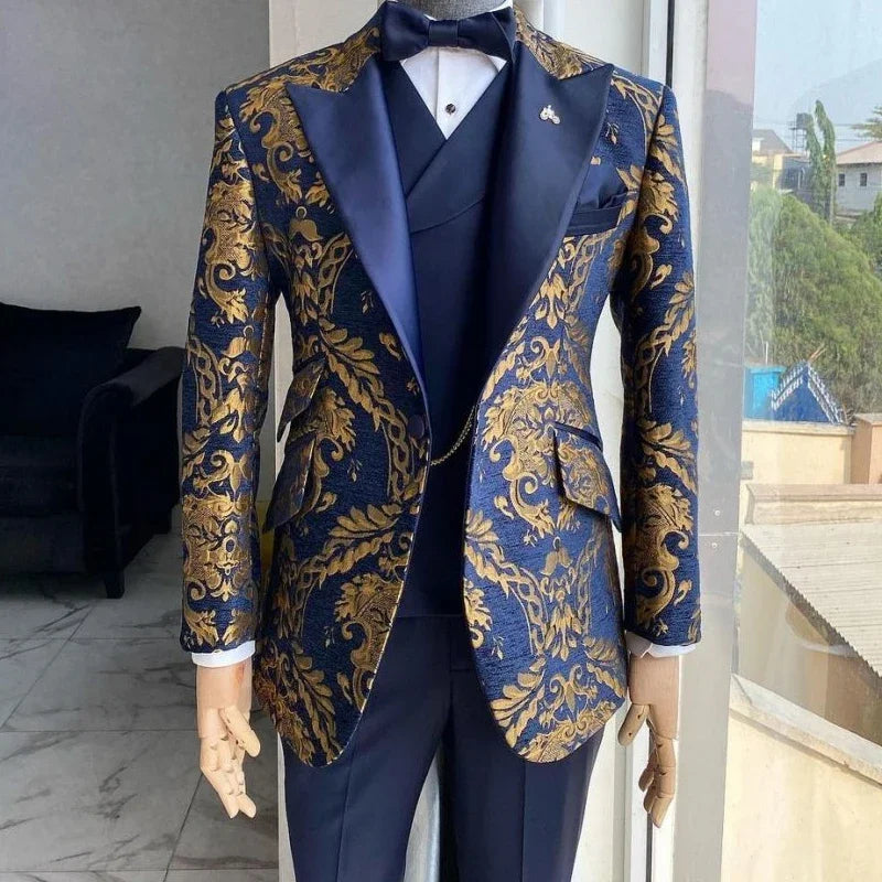 Jacquard Floral Tuxedo Suits for Men Wedding Slim Fit Navy Blue and Gold Gentleman Male Costume Suit Set