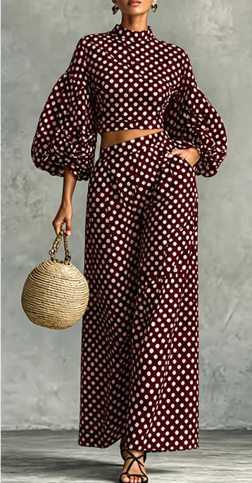 Two-Piece Polka Dot Trousers Suit – Wide-Leg – Synthetic Fiber | KIMLUD