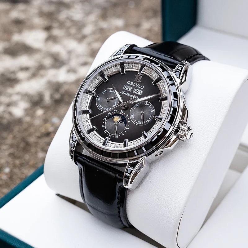 Leather Automatic Wristwatch 40mm Luminous Bezel — Chocolate Brown | KIMLUD
