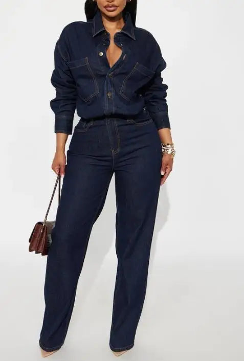 Denim Jumpsuit High Waist Pocket Turn-Down Collar — Deep Indigo | KIMLUD