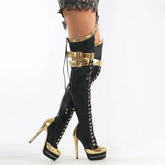 2025 Sexy Women Pointed Toe Thigh High Boots Stiletto Heel Pumps Over The Knee Bootie Platform Zipper Cross Strap Buckle Punk