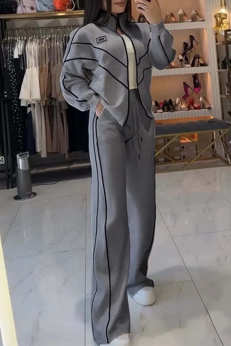 Polyester-Blend Knit Two-Piece Set With Black Piping Zip Sweatshirt And Long Pant — White | KIMLUD