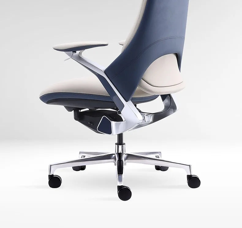 Modern ergonomic office chair with a navy blue and beige upholstered backrest and seat, supported by a chrome five-star base with black casters.