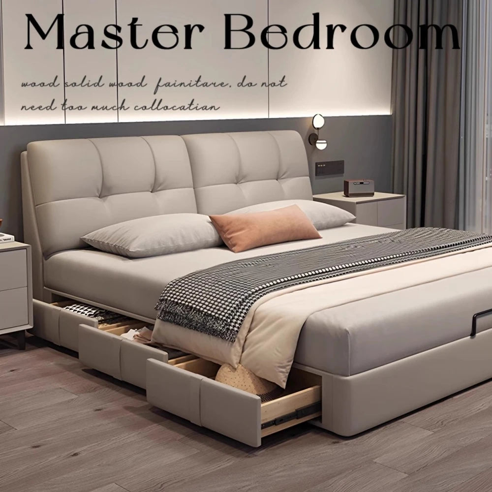 Modern Minimalism Genuine Napa Leather Bed With Built-In Storage Drawers — Beige | KIMLUD