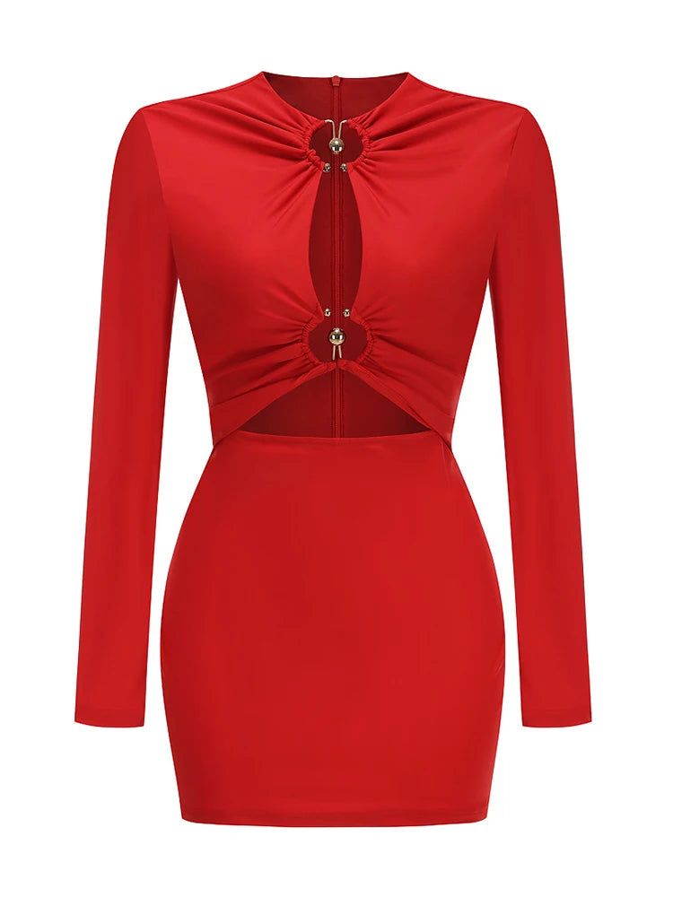 Mini Dress – Ruched Bodycon Silhouette – Red Polyester | KIMLUD