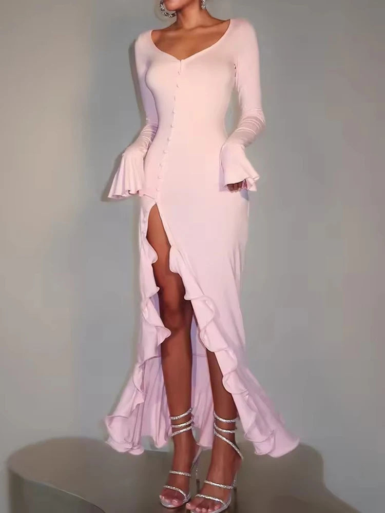 Mozision Flare Long Sleeve Ruffle Sexy Maxi Dress Women Autumn Pink V Neck Single-breasted High Waist Club Long Dresses Female