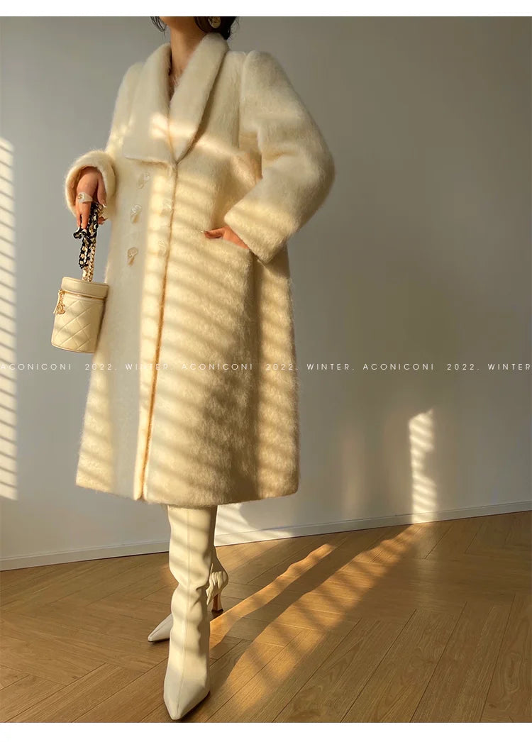 Coat – Double Breasted Long – Wool Blends – White | KIMLUD