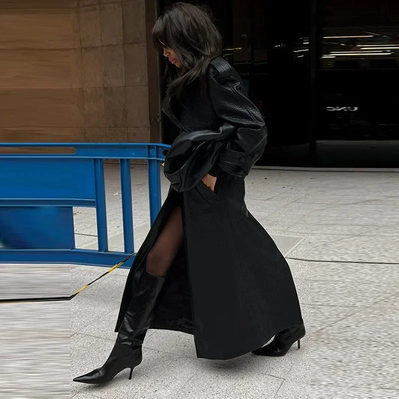 Y2k Street Long Leather Jacket Women Double Breasted Lapel Lace Up Female Coat 2025 Fashion Spring Full Sleeve Belt Lady Outwear